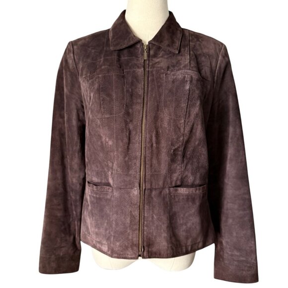 Alfani Genuine Leather Suede Chocolate Brown Tapered Fit Zip Up Blazer Jacket - Picture 3 of 11